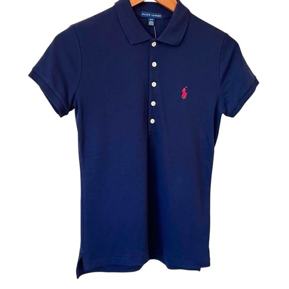 Ralph Lauren Classic Polo Shirt Women’s Medium Navy Pink Pony 100% Cotton NWT - Picture 1 of 7